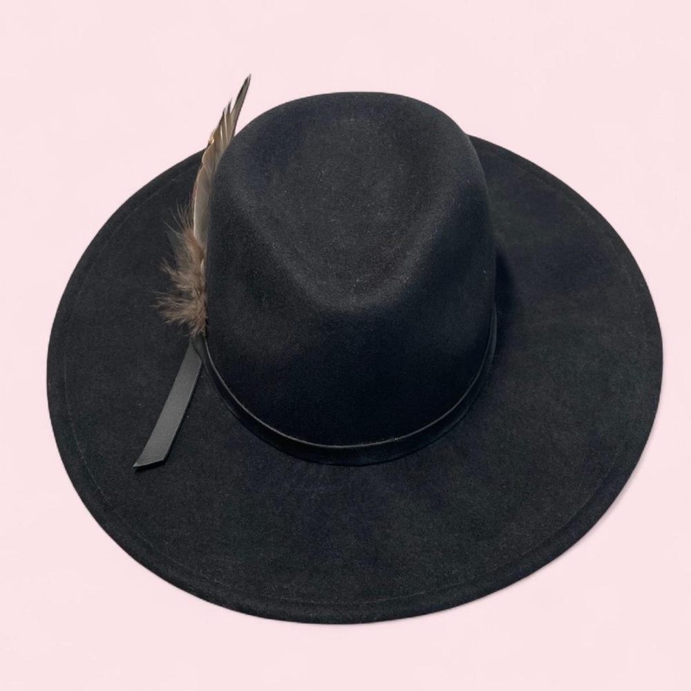 Wide Brim Black Wool Felt Fedora with Turkey Feather Detail - Picture 3 of 8
